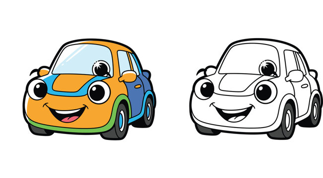Vector illustration of a cute happy cartoon car mascot in color and black and white outline for kids coloring book