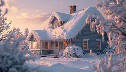A snow-covered house with a chimney stands amidst frosted trees and bushes under a serene winter sky