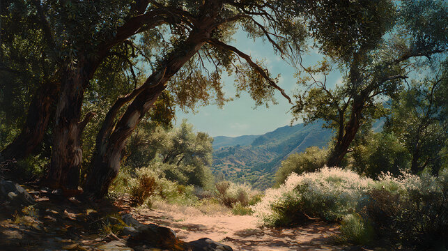Sunlit oak trees framing dry dirt trail leading to distant sunlit hills and scrubby bushes under clear blue sky, serene natural landscape