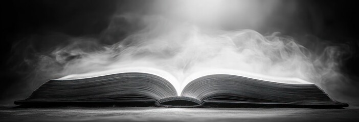Naklejka premium Open book lying on a dark surface with fanned pages, soft overhead glow and swirling mist rising from the pages, creating a mysterious and magical atmosphere
