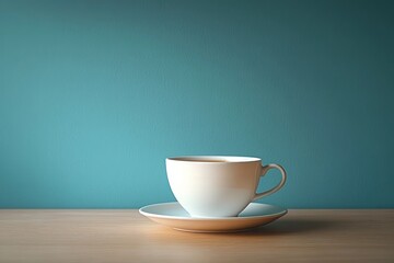 White ceramic cup and saucer holding a warm beverage on a wooden table against a teal wall, calm minimalist peaceful morning mood