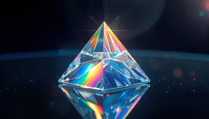 A crystal pyramid with a rainbow-colored reflection sits on a dark surface