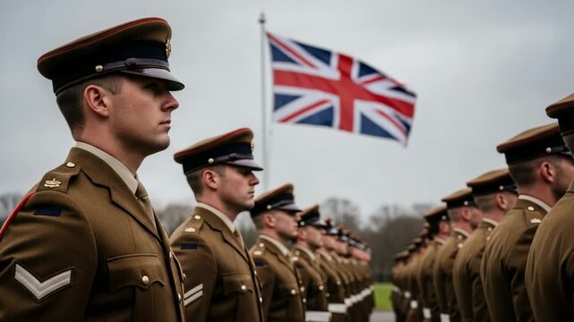 British soldiers in uniform standing at attention during a Remembrance Day ceremony with Union Jack flag
