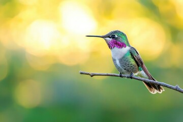 iridescent green hummingbird with pink throat perched on thin branch against golden bokeh background, peaceful and watchful