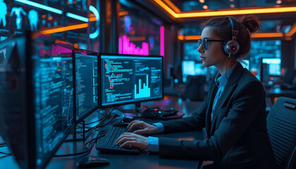 A focused woman in a business suit works on computer code in a modern office with multiple monitors.