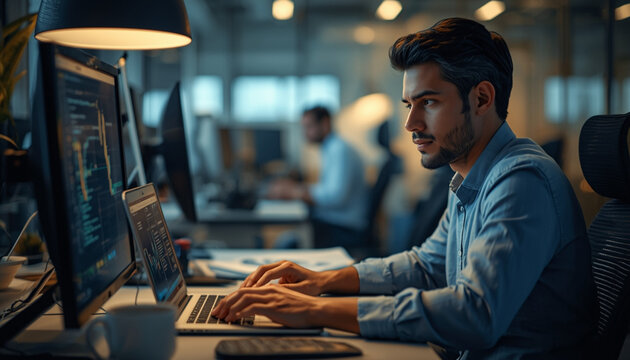 A young professional man working on his computer in a modern office environment.