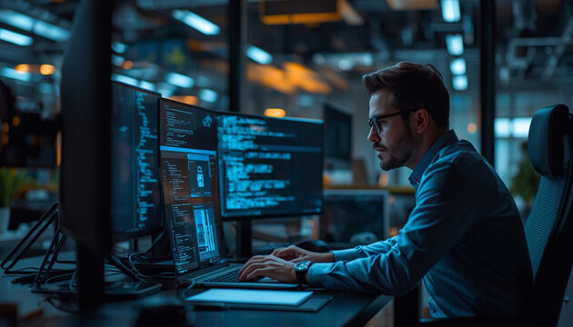 A focused software developer working on code in a modern office with multiple monitors