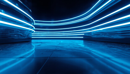 A futuristic blue-lit room with neon light trails on a dark background