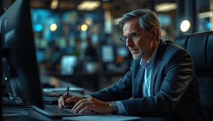 A middle-aged businessman working late at night in a modern office