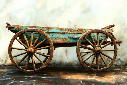 Weathered turquoise wooden flatbed cart with two large spoked wheels against a sunlit aged white wall, rustic and nostalgic