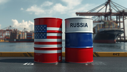 Two oil barrels, one representing the United States and the other Russia, sit on a dock with a shipping port in the background.