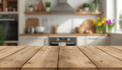 A wooden table in a modern kitchen with white cabinets and a blurred background