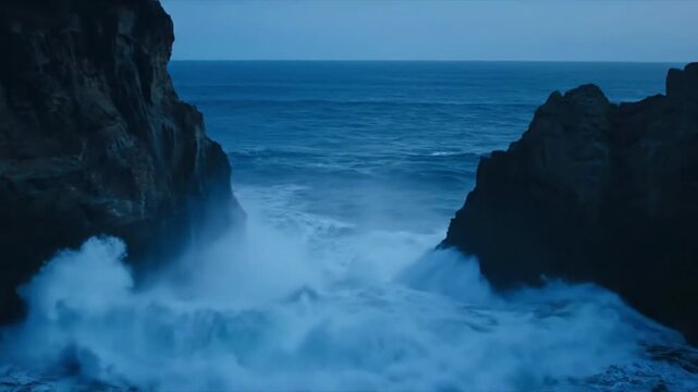 Dramatic sea stack silhouetted against blue-hour sky Medium shot, highlighting the unique geological formation with waves breaking around its base, clean background.