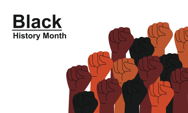 Powerful Black History Month horizontal banner featuring a diverse crowd of raised fists in various skin tones symbolizing unity and strength.