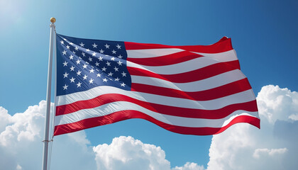 The American flag waving in the wind against a clear blue sky with fluffy white clouds.