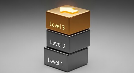 Obraz premium Stack of blocks showing three levels of achievement with golden arrow pointing up
