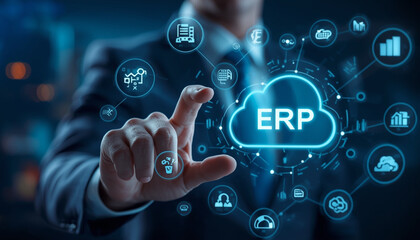 A businessman interacting with a cloud-based ERP system surrounded by various business icons