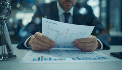 A businessman analyzing financial reports in a modern office setting