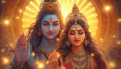 A digital illustration of Hindu gods Shiva and Parvati in a golden sacred setting