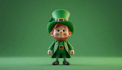 A cheerful cartoon leprechaun in a green coat and hat stands against a green background