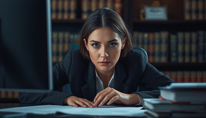 A focused businesswoman studying documents in a library with a determined expression
