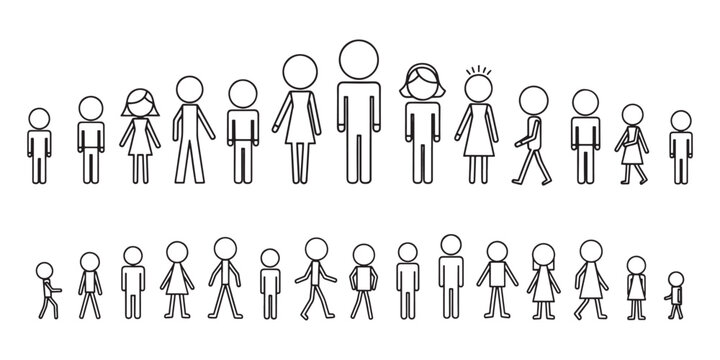 A group of diverse stick people standing in two rows on a white background
