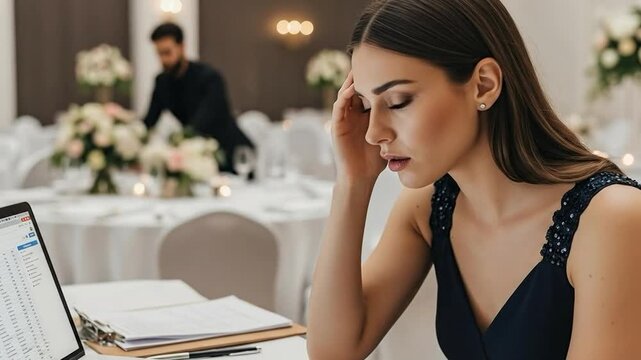 Overwhelmed young woman event coordinator managing guest list on laptop at gala