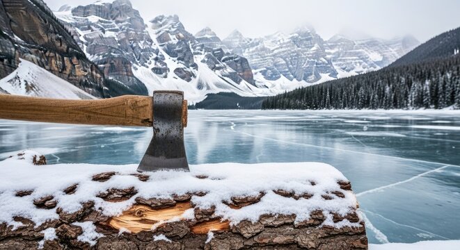 Axe resting on snow covered wood overlooking frozen lake and mountain range