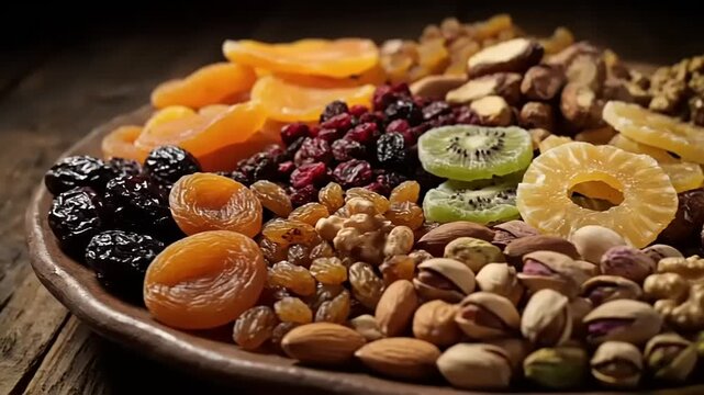 Delicious and Nutritious Platter of Assorted Dried Fruits and Nuts, Including Apricots, Prunes, and Pistachios, on a Rustic Wooden Table.