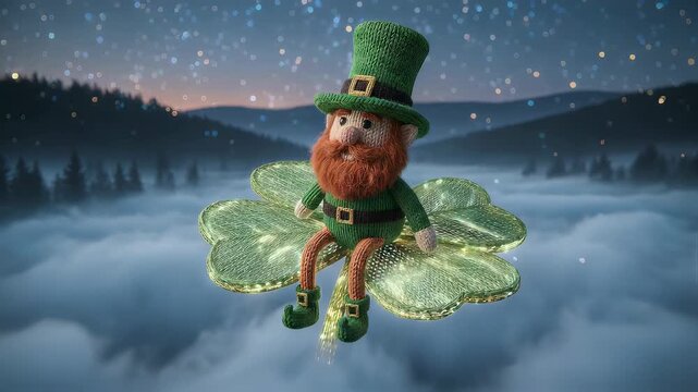 Knitted leprechaun flying on glowing shamrock over starry sky, animated sequence for St Patricks day with fluctuating background.