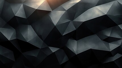 Fototapeta premium Moody dark geometric low-poly facets and angular metallic surfaces with deep shadows and a subtle warm highlight, creating a dramatic futuristic and mysterious atmosphere