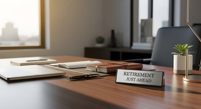 Desk with laptop and nameplate retirement just ahead symbolizing end of career and golden years