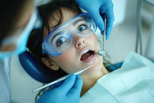 dentist in blue gloves performing a focused oral exam with mirror and probe on a patient reclined in dental chair wearing a bib, clinical attentive atmosphere