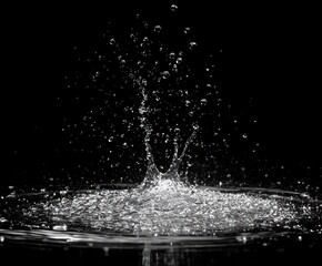 Dramatic frozen water splash with rising droplets and circular ripples on a dark background conveying dynamic energy and freshness
