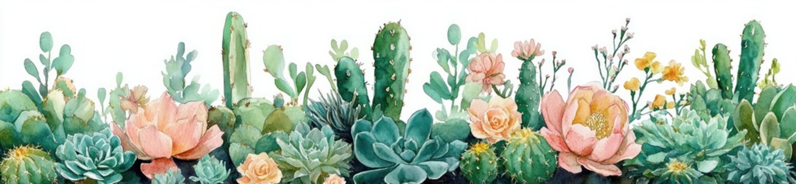 watercolor border of succulents and cacti with pink blooms, lush green rosettes and spiky pads conveying serene, delicate, cheerful botanical charm