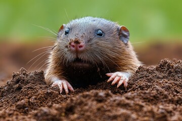 curious small mole peeking from rich brown soil with wide shiny eyes and tiny pink paws, surprised expression