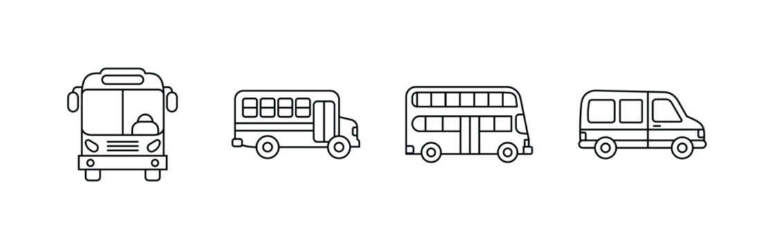 Bus and Van Line Icon Set &ndash; Public Transport, School Bus, Double Decker and Minibus Vector Outline Icons