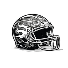 Hand-drawn American football helmet side view in vintage engraving style with detailed line art and shading, isolated on white background. Perfect for sports branding, team merchandise, posters
