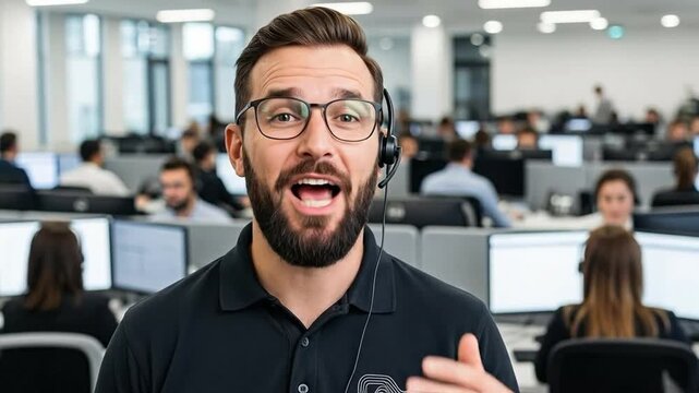 Smiling Caucasian Male Customer Support Agent with Headset in Busy Call Center Office