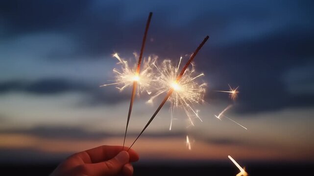 Hand holding sparklers at dusk with dramatic sky background.