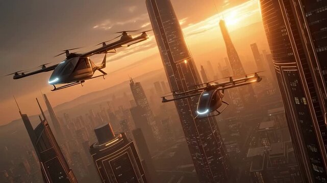 Futuristic electric air taxi flying between skyscrapers at sunset over a modern metropolis, concept of urban air mobility and innovative transport