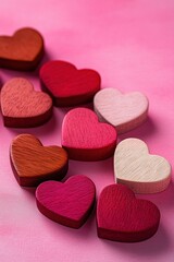 Fototapeta premium assorted small wooden heart shapes in shades of red and pink arranged on a soft pink surface evoking warmth and romantic affection