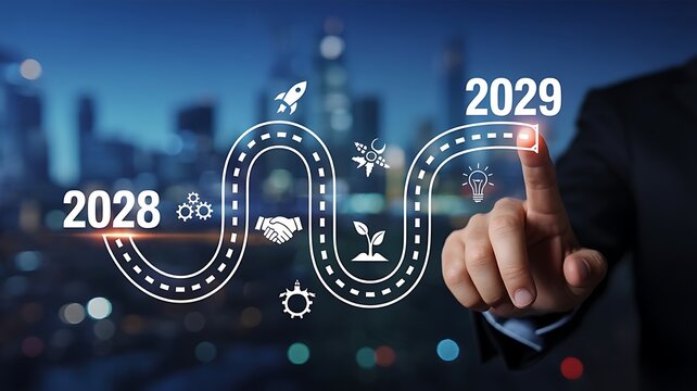 Business goals and new plans for 2028-2029 concept with businessman touching screen and city background