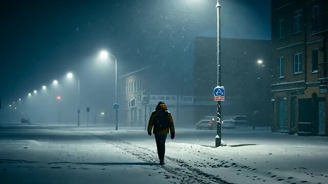 Person walking alone at night city.
