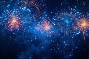Fototapeta premium vibrant blue night sky filled with golden and blue fireworks bursts, sparkling sparks and smoky trails evoking awe and festive celebration