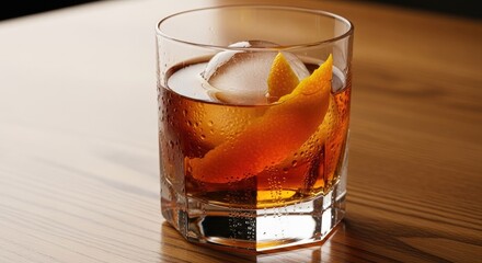 Close up of a cocktail in a glass with ice and orange peel on wooden surface