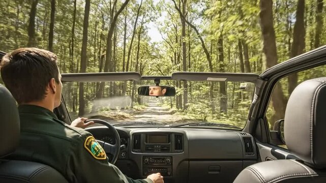 Young male park ranger in uniform driving a patrol vehicle through a dense green forest road