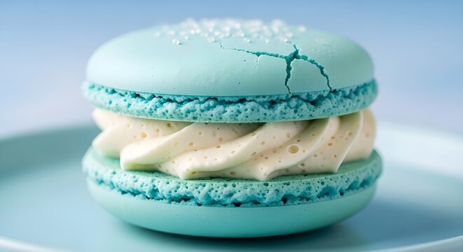 Close up of a single light blue macaron with white cream filling on a matching blue plate, minimalist food photography.