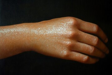 close-up of a glistening wet hand and forearm against a dark background, soft lighting conveying calm intimacy and vulnerability