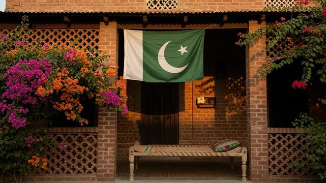 Traditional Rural Brick House with National Flag and Charpai Bed on Porch